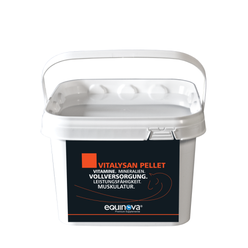 Witaminy i minerały Equinova Vitalysan Pellet.
Kompleksowy pakiet witalności dla zdrowia koni w formie granulatu.