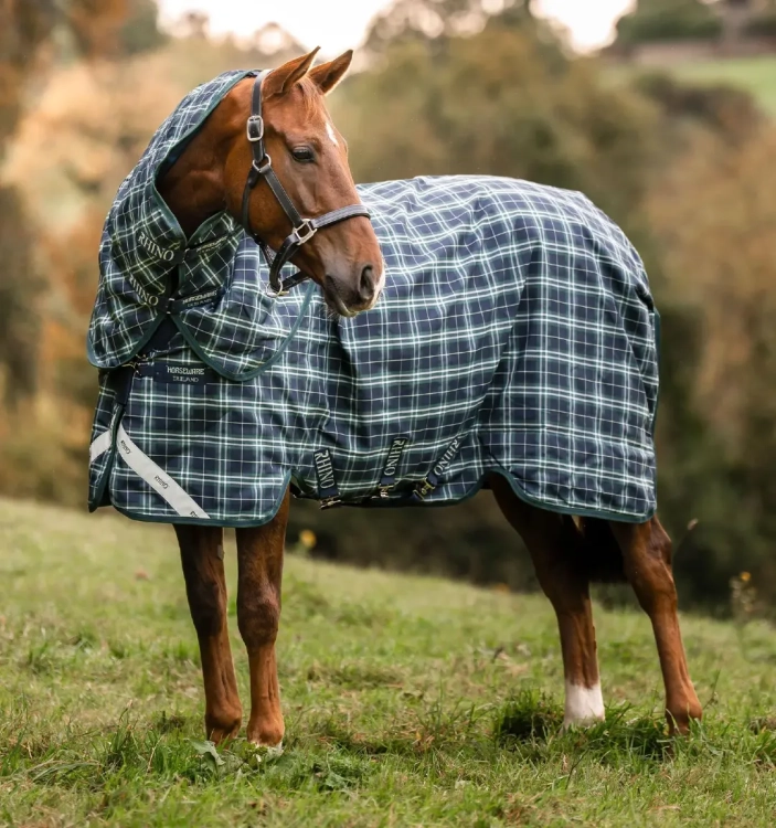 Derka padokowa z kapturem HORSEWARE Rhino Plus 1000D 100g hunter check-green