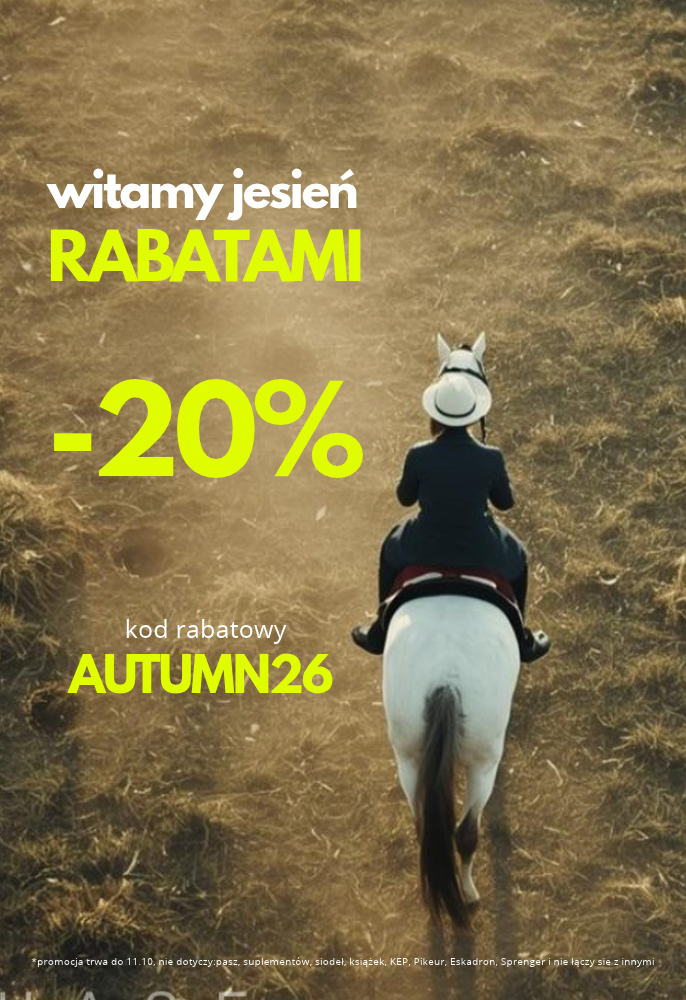 Baner reklamowy przedstawiający siwego konia na polu i informujacy o  jesiennej akcji rabatowej 