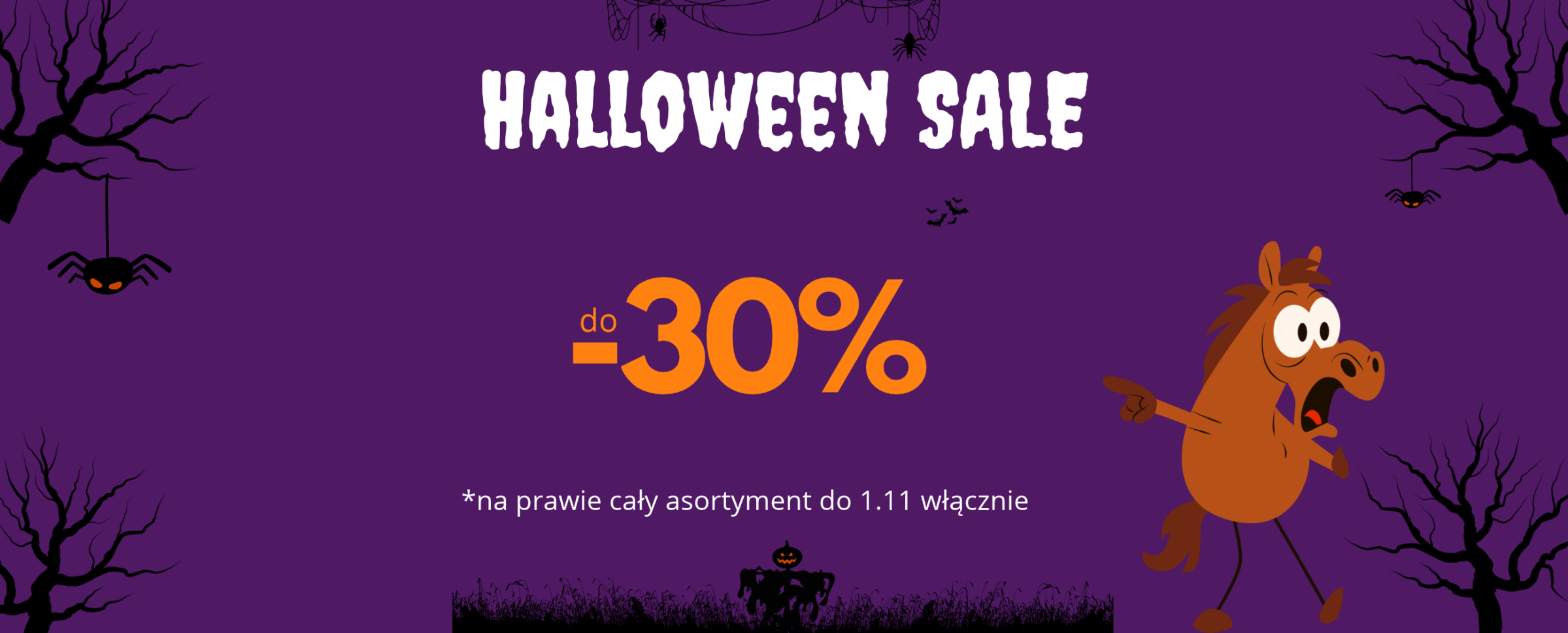 Grafika z koniem i halloween informująca o akcji promocyjnej w sklepie 