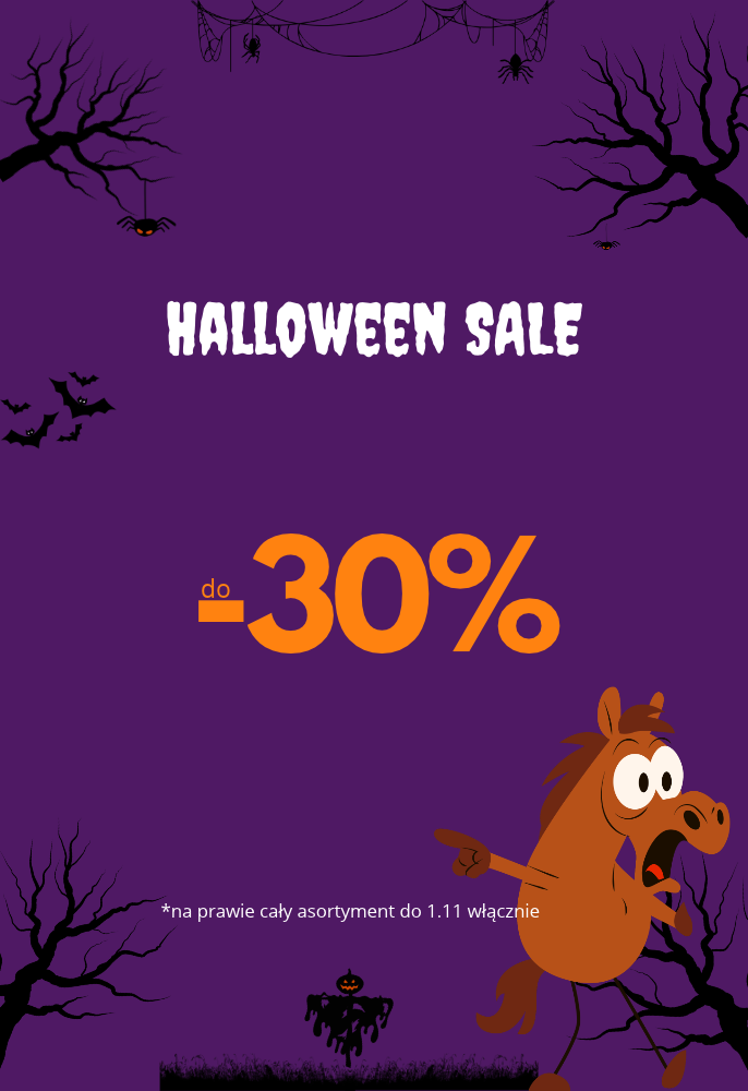 Grafika z koniem i halloween informująca o akcji promocyjnej w sklepie 