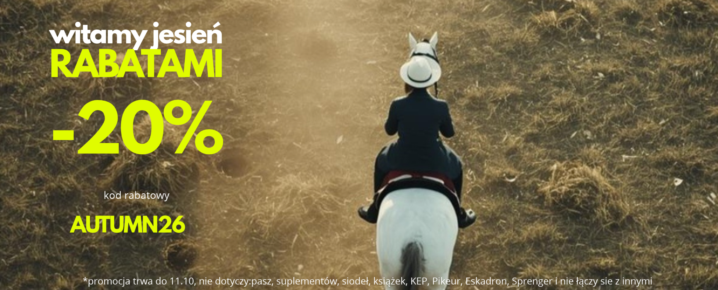 Baner reklamowy przedstawiający siwego konia na polu i informujacy o  jesiennej akcji rabatowej